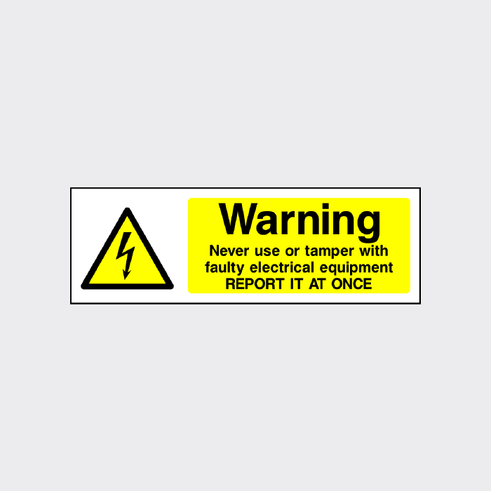 Warning Never use or tamper with faulty electrical equipment sign Landscape