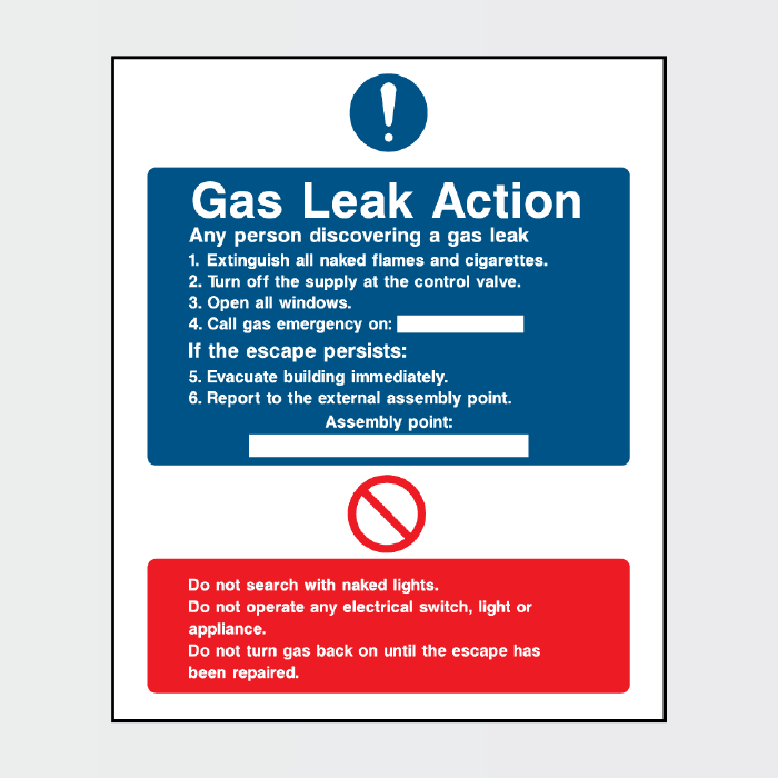 Fire Action Notice Gas Leak Action sign