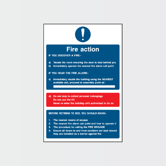 Fire Action Before retiring to bed action list sign