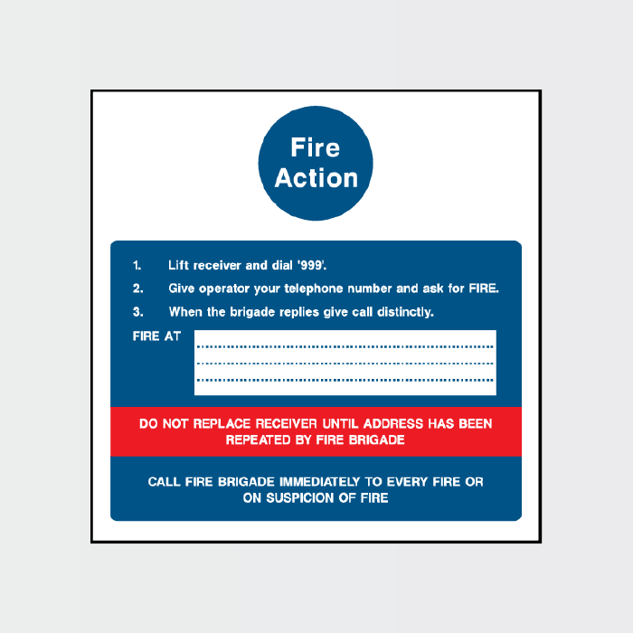 Fire Action Lift receiver and dial 999 sign