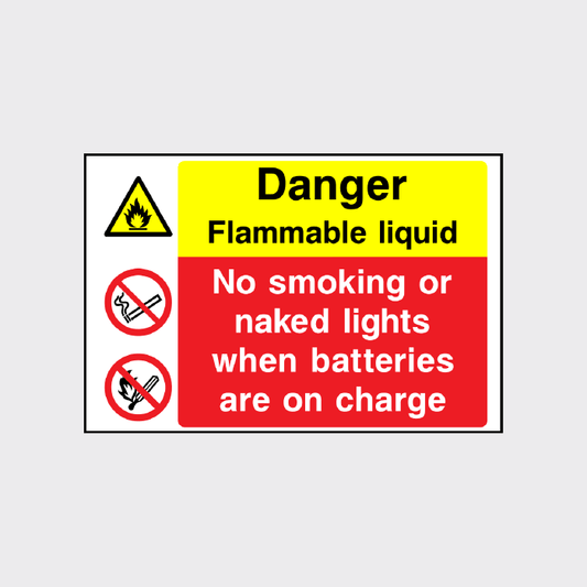 Danger flammable liquid - No smoking or naked lights when batteries are on charge sign